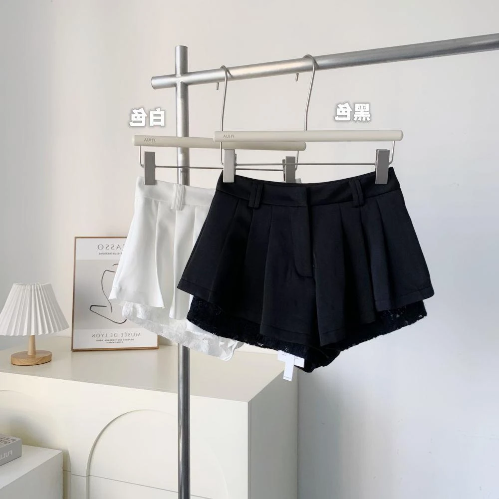 纯欲性感蕾丝拼接裙裤黑色高腰显瘦休闲包臀短裤A字防走光阔腿裤