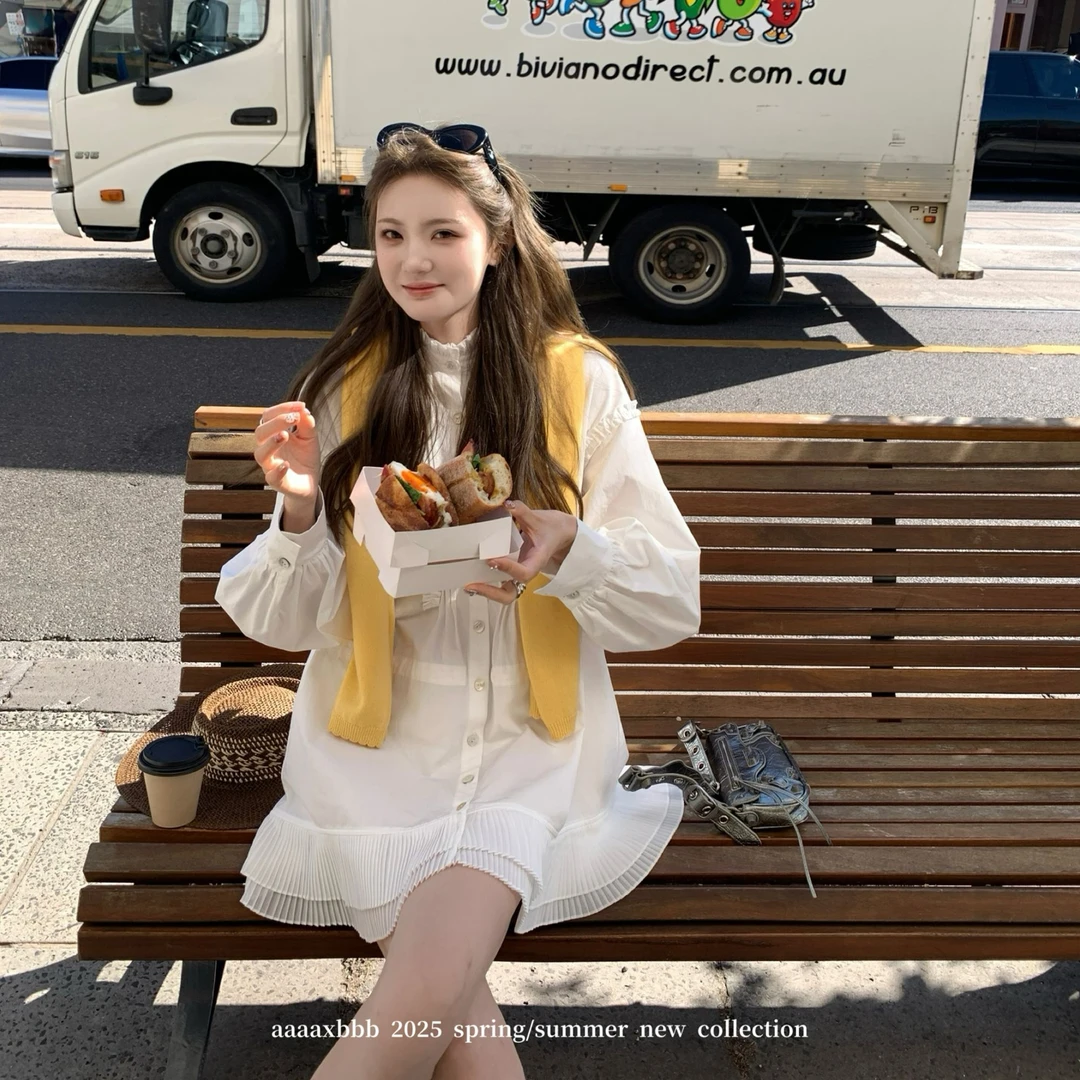 aaaaxbbb 西西里盐雾 两色棉质木耳边衬衫裙长款宽松气质连衣裙春