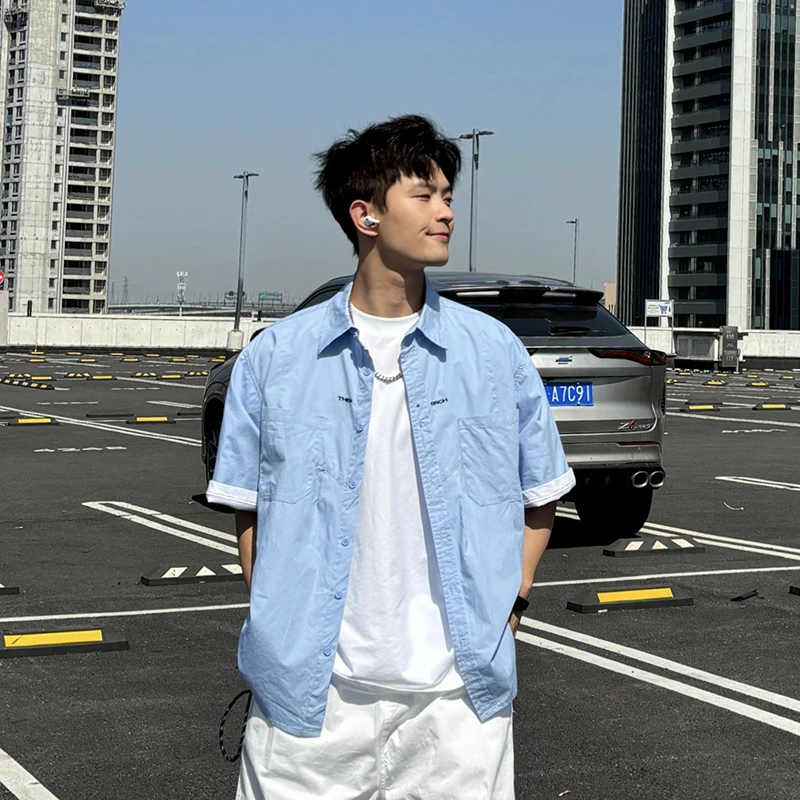 盘鹏飞美式复古撞色日系短袖衬衫男夏季上衣韩版宽松休闲情侣衬衣