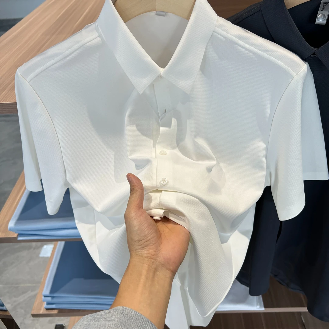 嘻哈哥翻领衬衫华夫格纯色简约百搭轻奢无痕压胶透气舒适