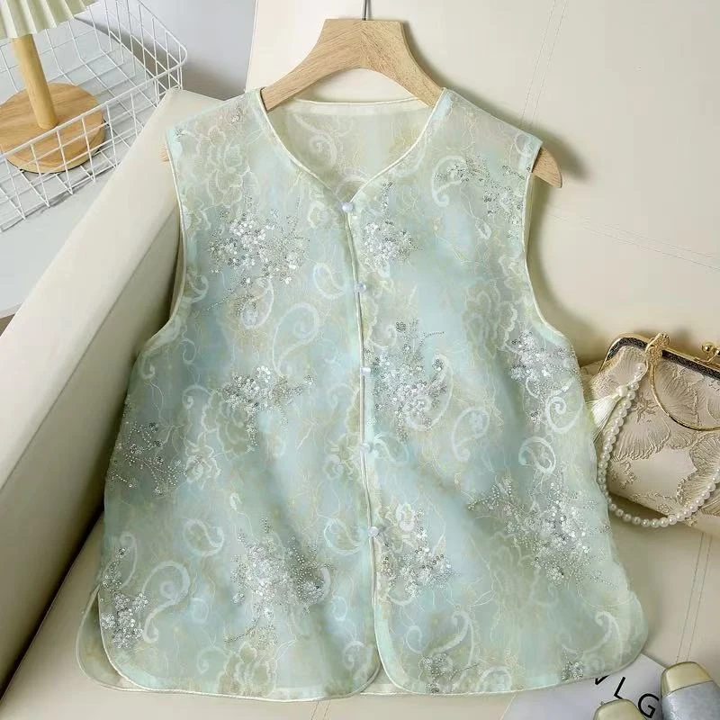 【绿野】新国风新中式马甲复古蕾丝刺绣坎肩背心亮片无袖圆领女夏