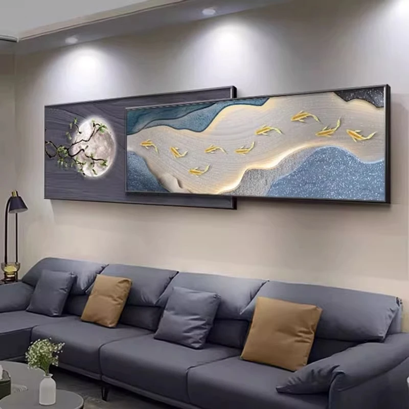 大气客厅沙发背景墙装饰画高级适合大白墙挂画九鱼图新款壁画