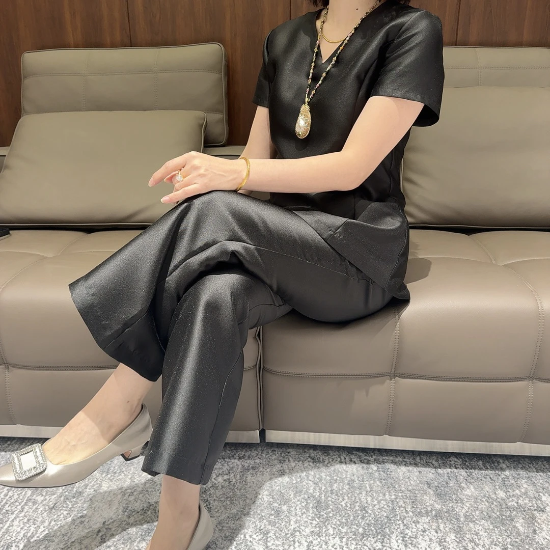 “高级黑”气质高定丝毛V领上衣➕裤子两件套