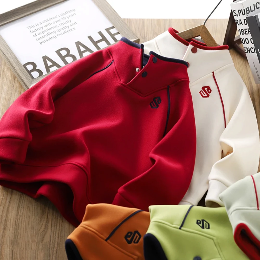 冬季年款时尚开领防风加绒儿童卫衣中大童拼接休闲上衣DH199男童