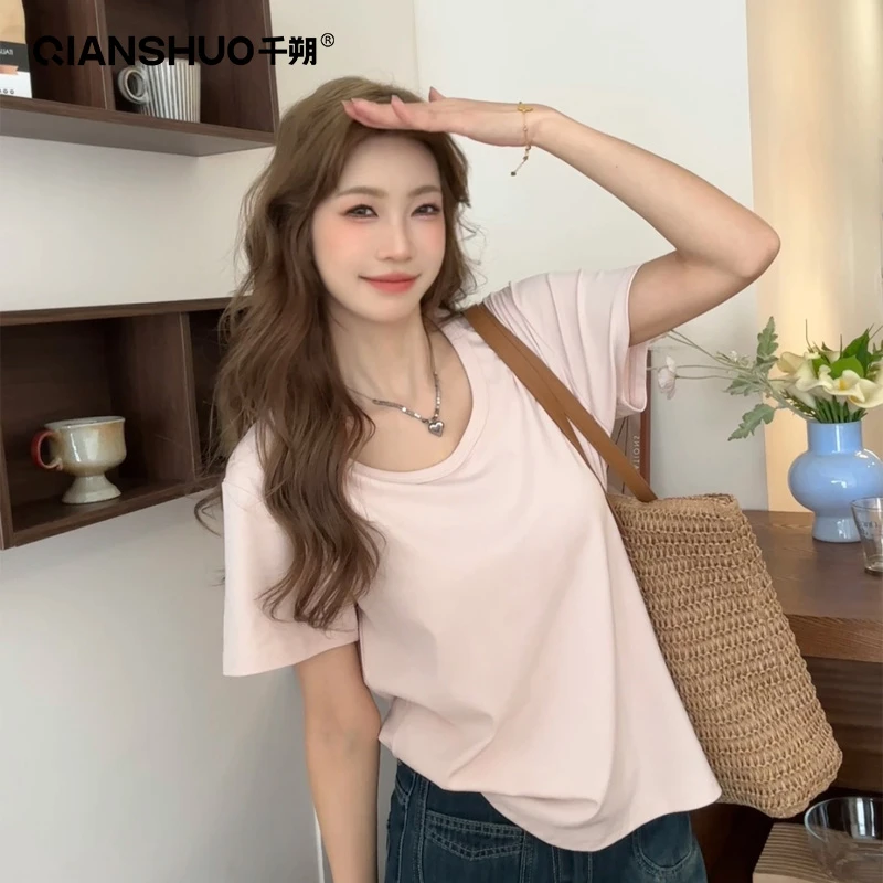 千朔新款纯欲慵懒风纯色U领宽松正肩短袖T恤女夏百搭松弛感女装