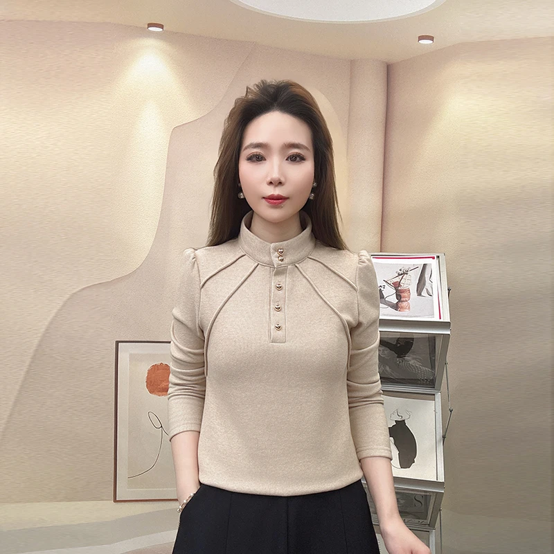 2025秋冬季加绒保暖立领气质长袖小衫新款百搭打底时尚显瘦上衣女