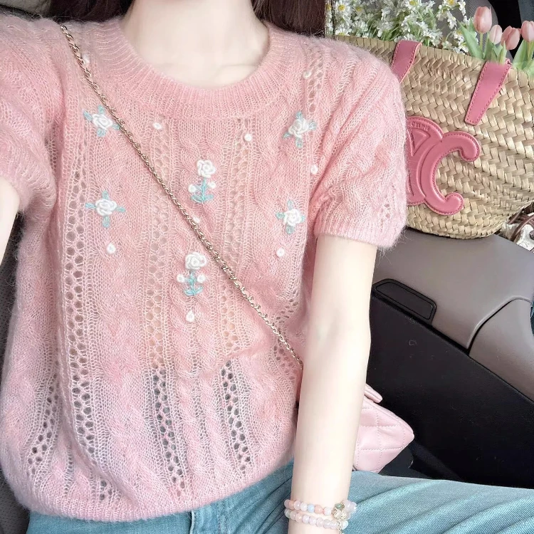 韩版设计感镂空钩花短袖针织衫女夏季新款宽松温柔风粉色减龄上衣
