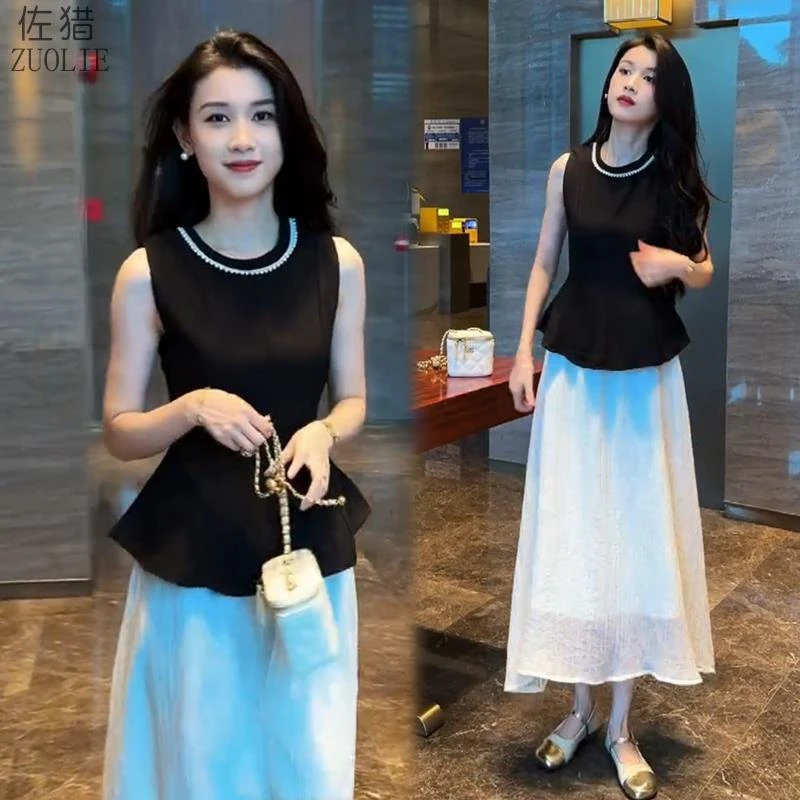 百搭法式高级感连衣裙女夏季洋气质显瘦名媛无袖上衣高腰半身裙两