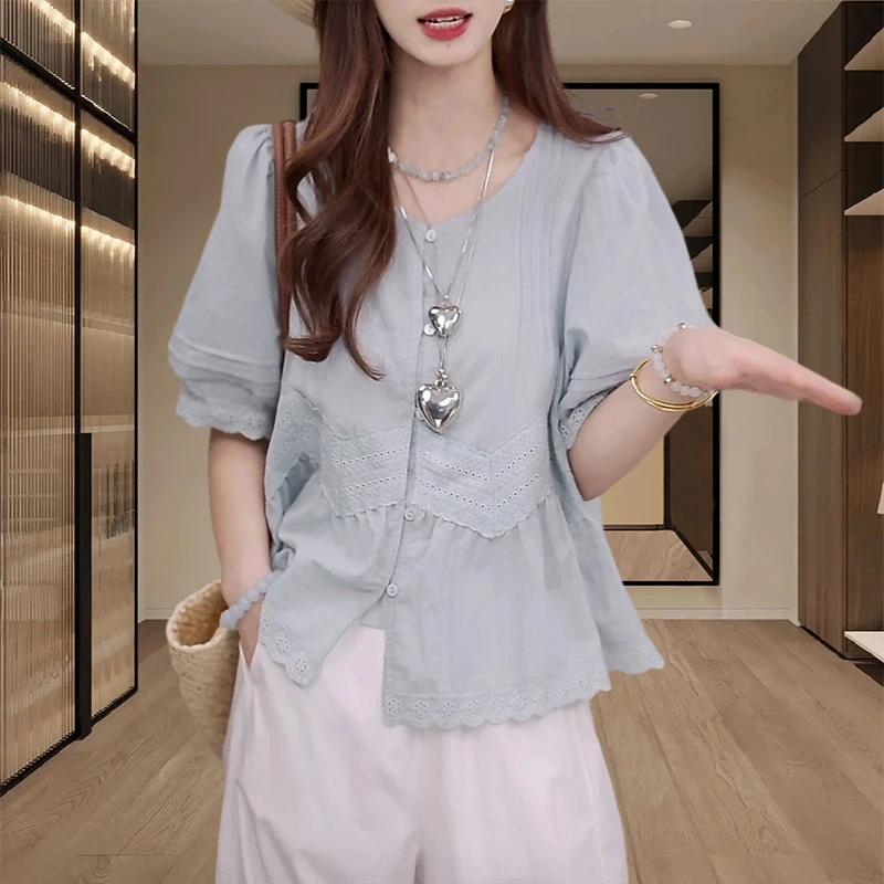 法式拼接蕾丝花边短袖防晒衬衫女士2026新款夏季时尚显瘦百搭上衣