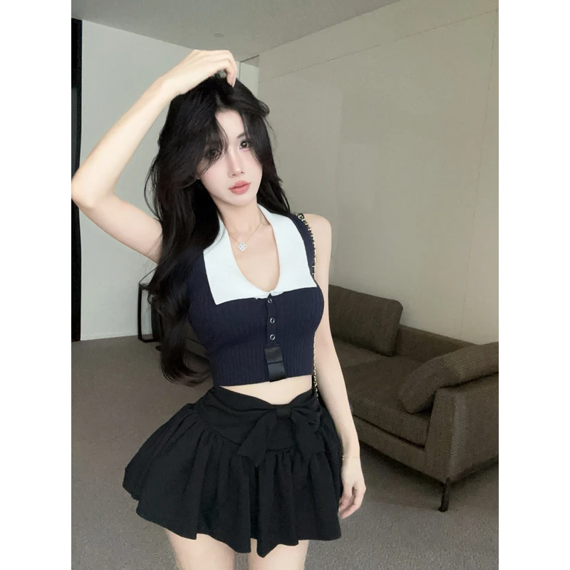 2025夏季新款美式别致辣妹风设计感拼色性感打底衫气质无袖上衣女
