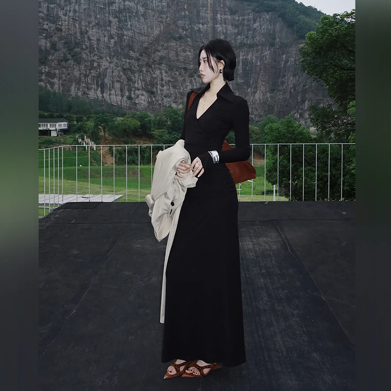 十三粥 掐掐小腰 莱赛尔经典气质V领长裙女收腰显瘦柔软舒适透气