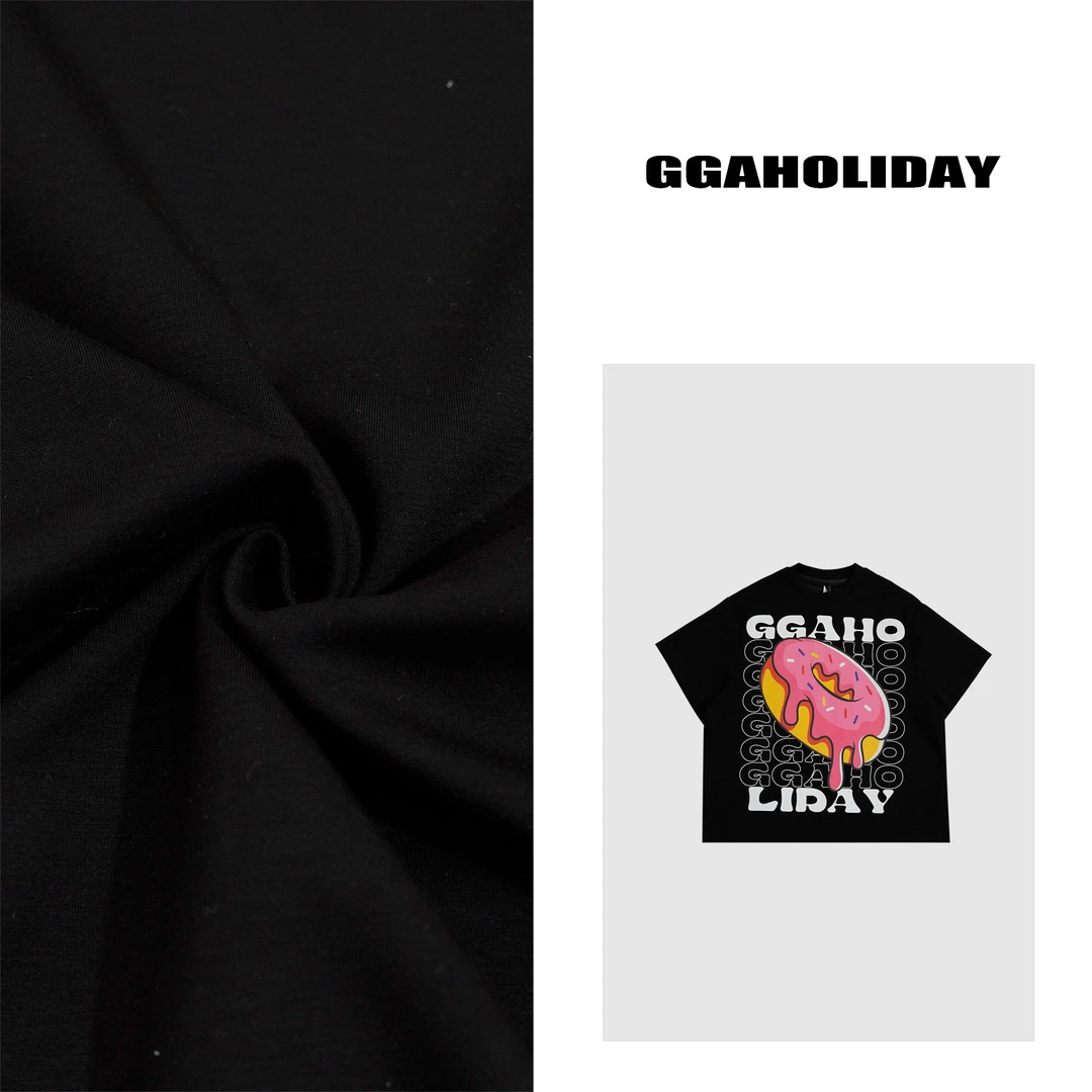 GGAHOLIDAY春夏美式复古宽松休闲印花黑色半袖T恤圆领上衣-152057