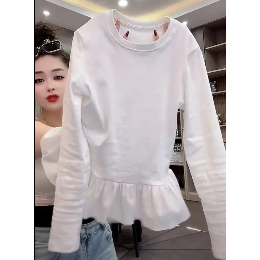 欧洲站2025春季新款纯色拼接荷叶边t恤女时尚洋气百搭上衣内搭