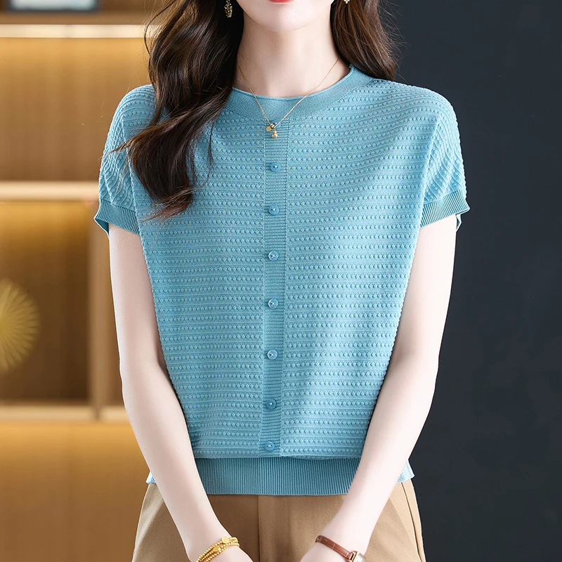 【天丝】短袖T恤女针织衫夏季女士天丝宽松上衣薄款气质夏季假开衫