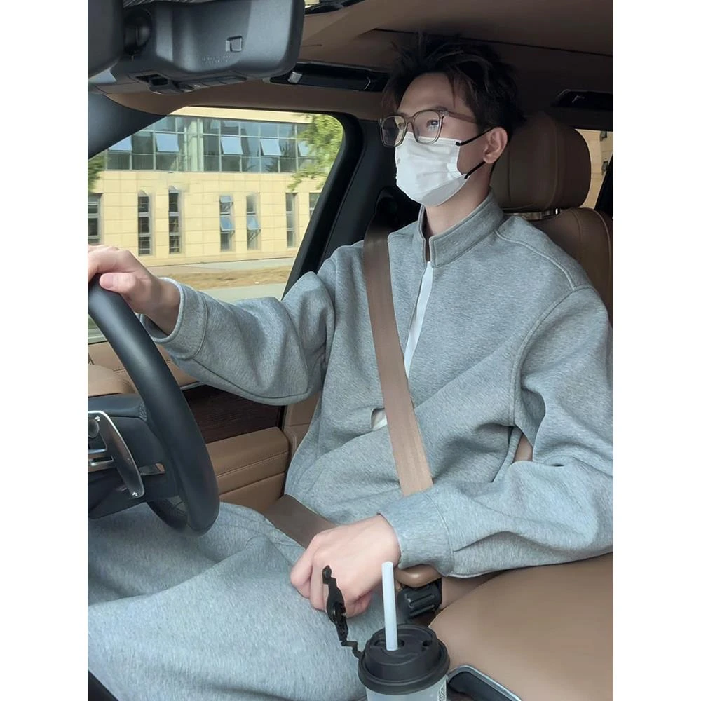 cleanfit灰色假两件运动套装男秋季高级感V领卫衣搭配卫裤两件装