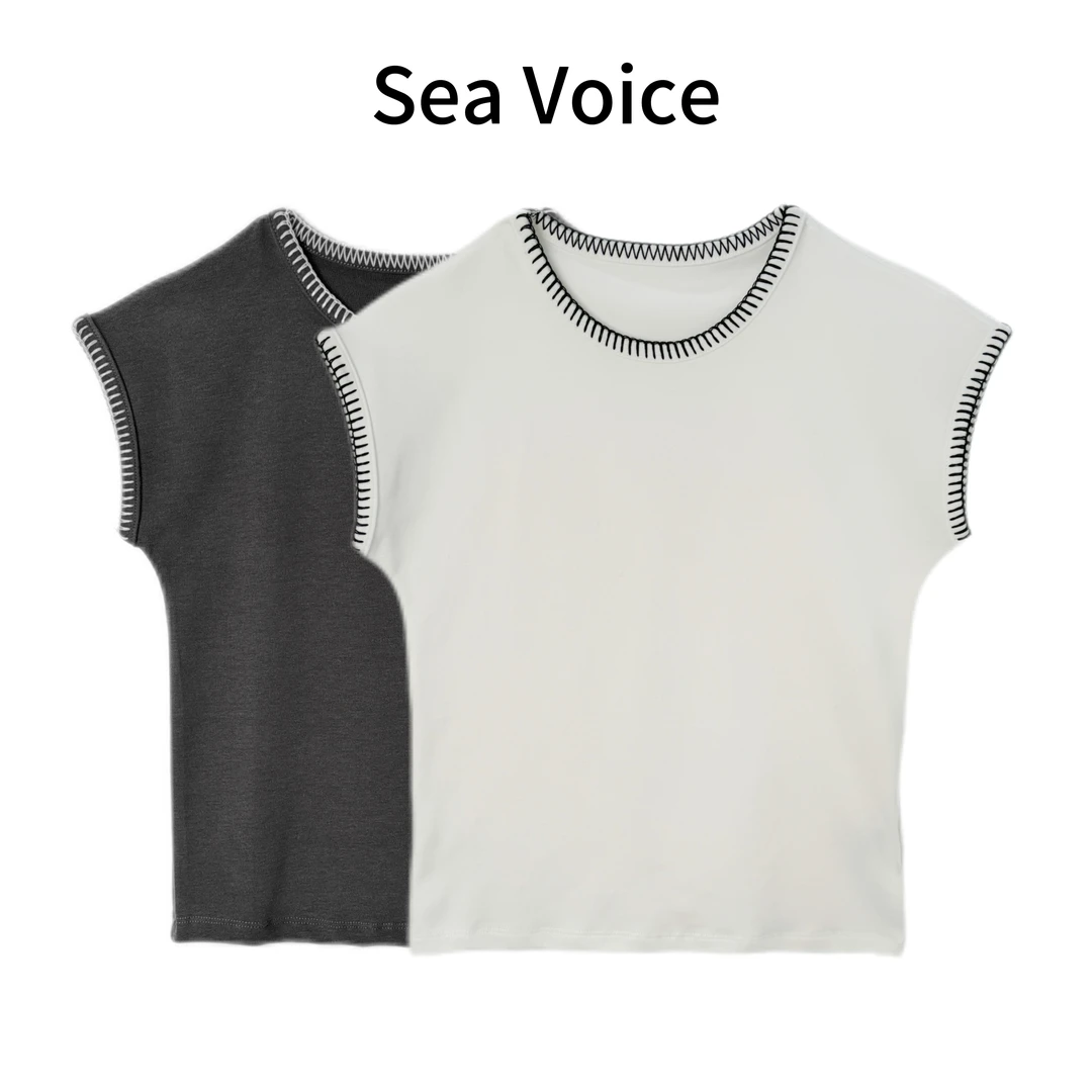 【海哥精选】夏季新款时尚小众撞色线条包边设计显瘦百搭短袖上衣