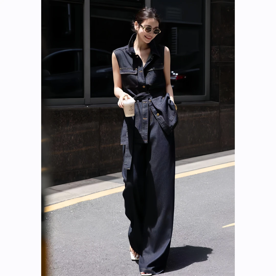 ZEROYK港风复古职业套装设计感深色牛仔配腰带马甲长裤通勤三件套