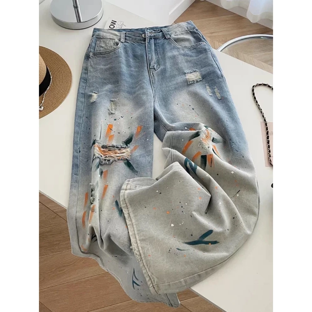 美式复古设计感小众涂鸦牛仔裤女2025春夏新款高腰显瘦宽松直筒裤