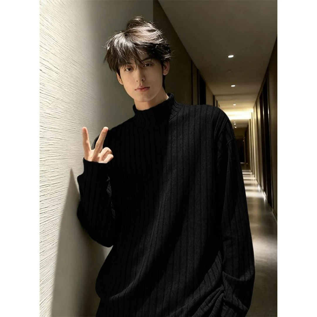 黑色条纹半高领卫衣男款冬季加绒厚内搭针织长袖t恤高级感打底衫