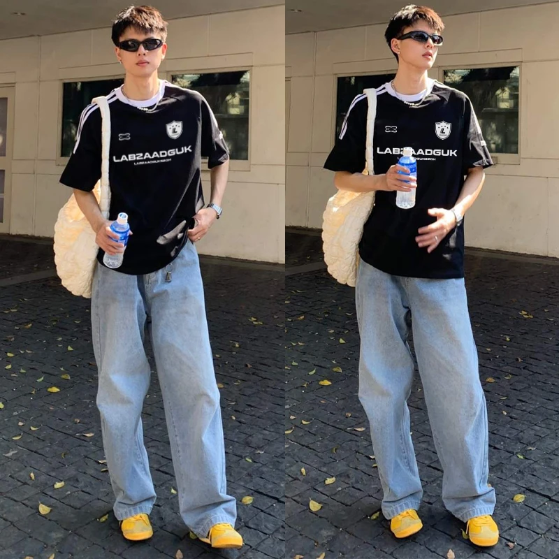 labzaa美式高街潮牌字母印花三条杠短袖t恤男女夏季休闲纯棉上衣