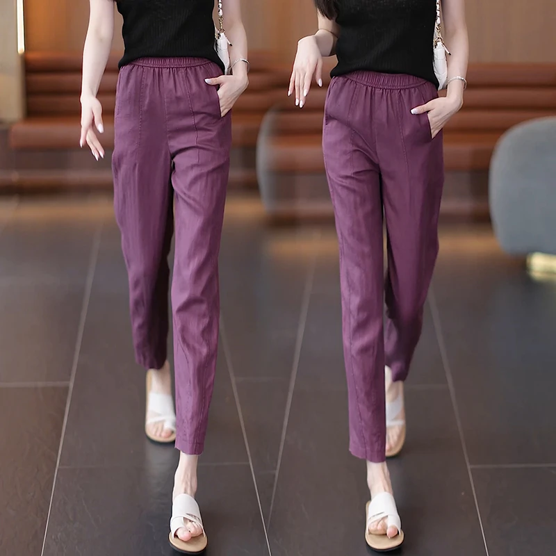 冰丝亚麻裤子2025夏季新款爆款松紧腰九分天丝休闲裤小个子哈伦裤