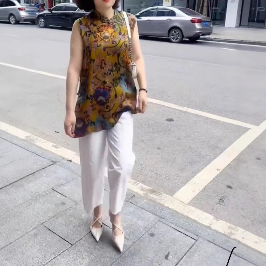 大爱美依缘2025夏季新款新中式复古国风衬衫马甲小脚裤显瘦套装