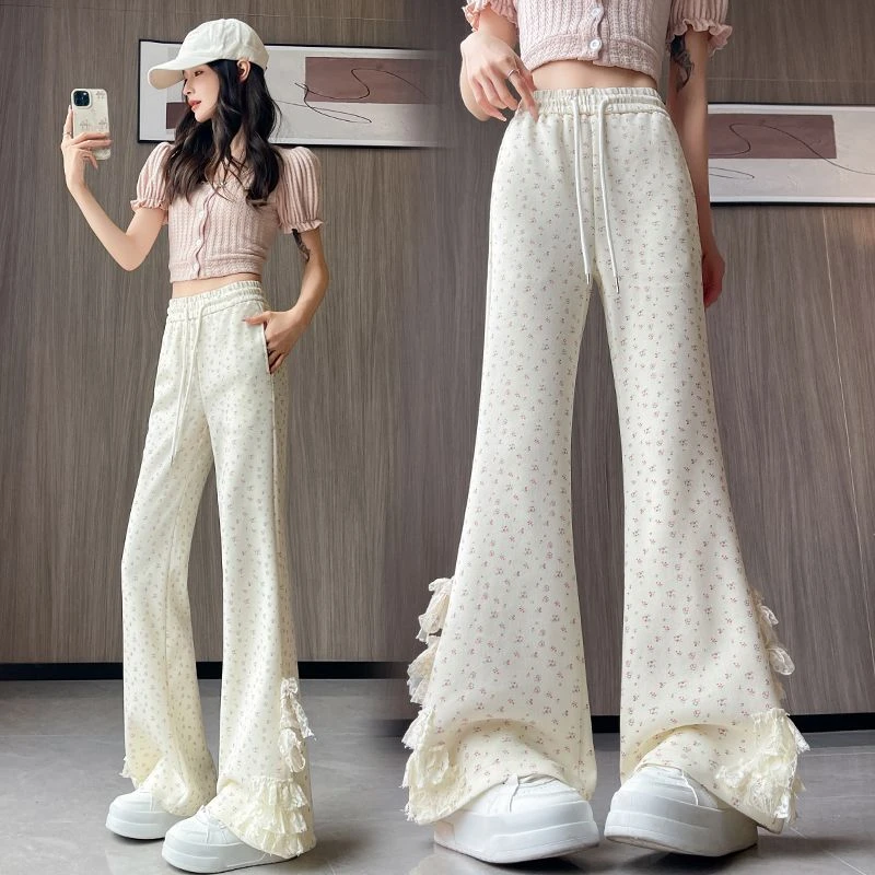 直筒实拍蝴蝶结蕾丝碎花宽松裤女2025春薄款新款休闲喇叭裤长裤