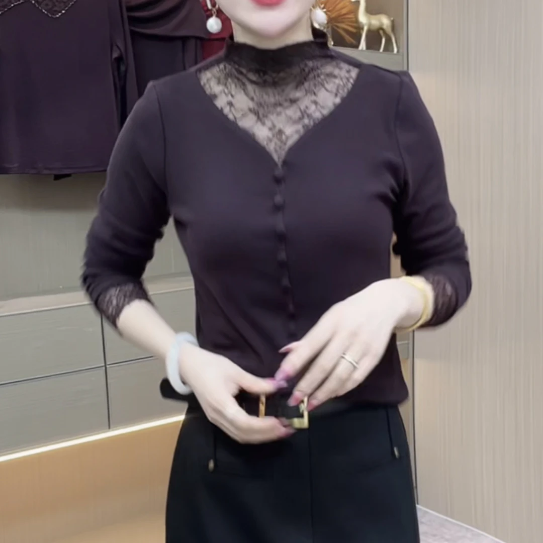 2025秋季新款气质蕾丝拼接洋气时尚长袖T恤女修身显瘦百搭上衣潮