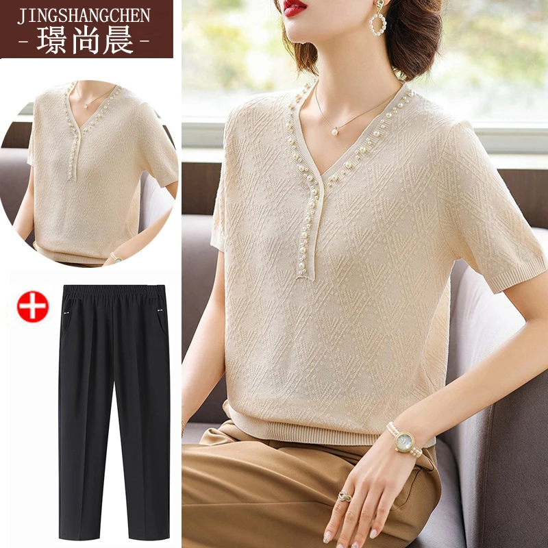 妈妈夏装冰丝短袖T恤40-50岁洋气时髦套装中老年女针织小衫上衣服