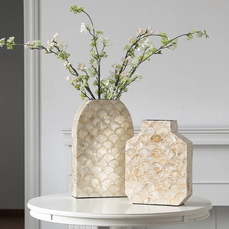 高档法式奶油风贝壳花瓶客厅餐桌面装饰摆件仿仿真花绢花插花器