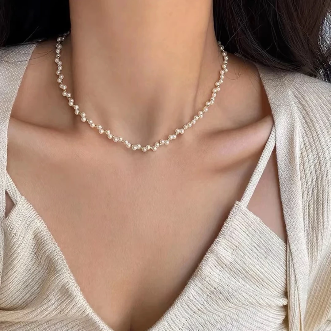 铜合金仿珍珠项链 藤蔓锁骨链精致百搭法式复古时尚轻奢