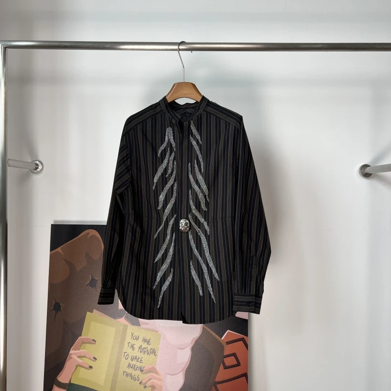 ZIZAI 黑色斑马纹刺绣立领衬衫09093