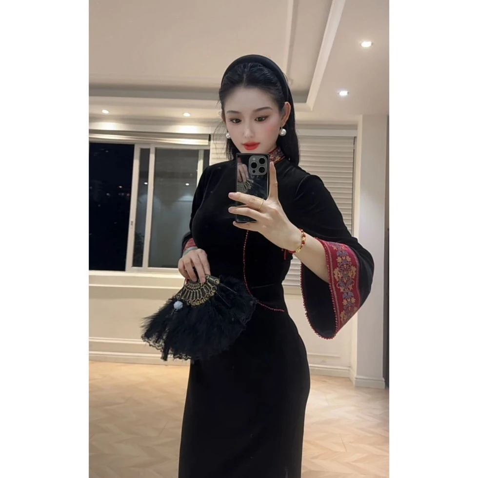画报夫人【一枕槐安】黑色原创秋冬自制贵气显高显瘦新中式旗袍修