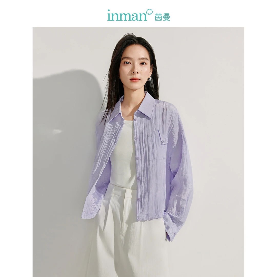 茵曼通勤翻领紫色衬衫外套女2025年夏季新款宽松皱感长袖薄衬衣