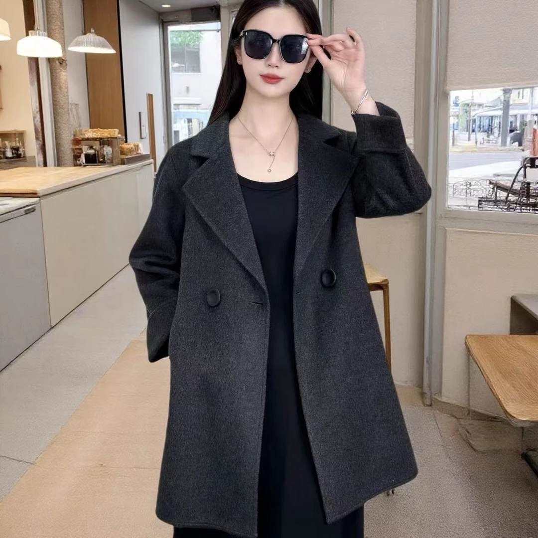 拼接西装领美观常规厚款双面大衣外套韩系复古风6932款