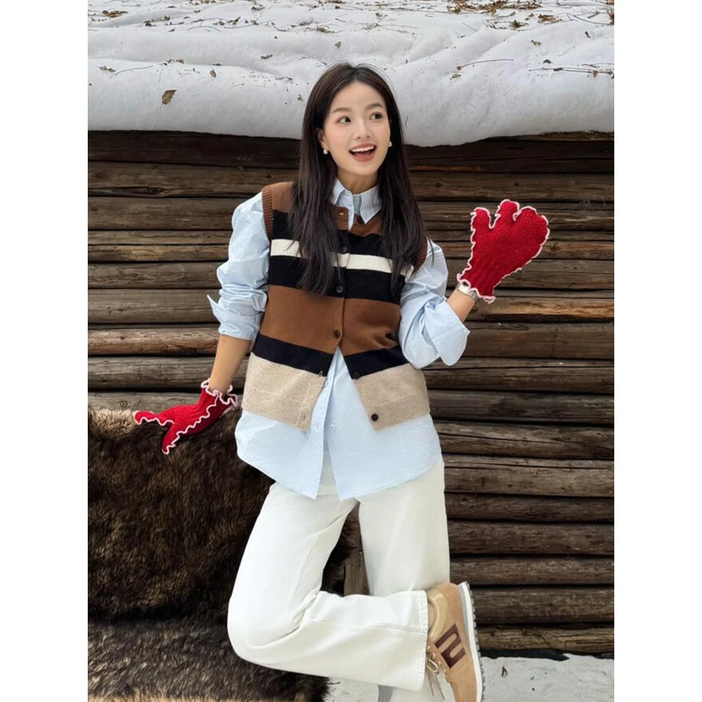 复古撞色条纹百搭叠穿马甲背心女早春款马夹拼色针织开衫坎肩上衣