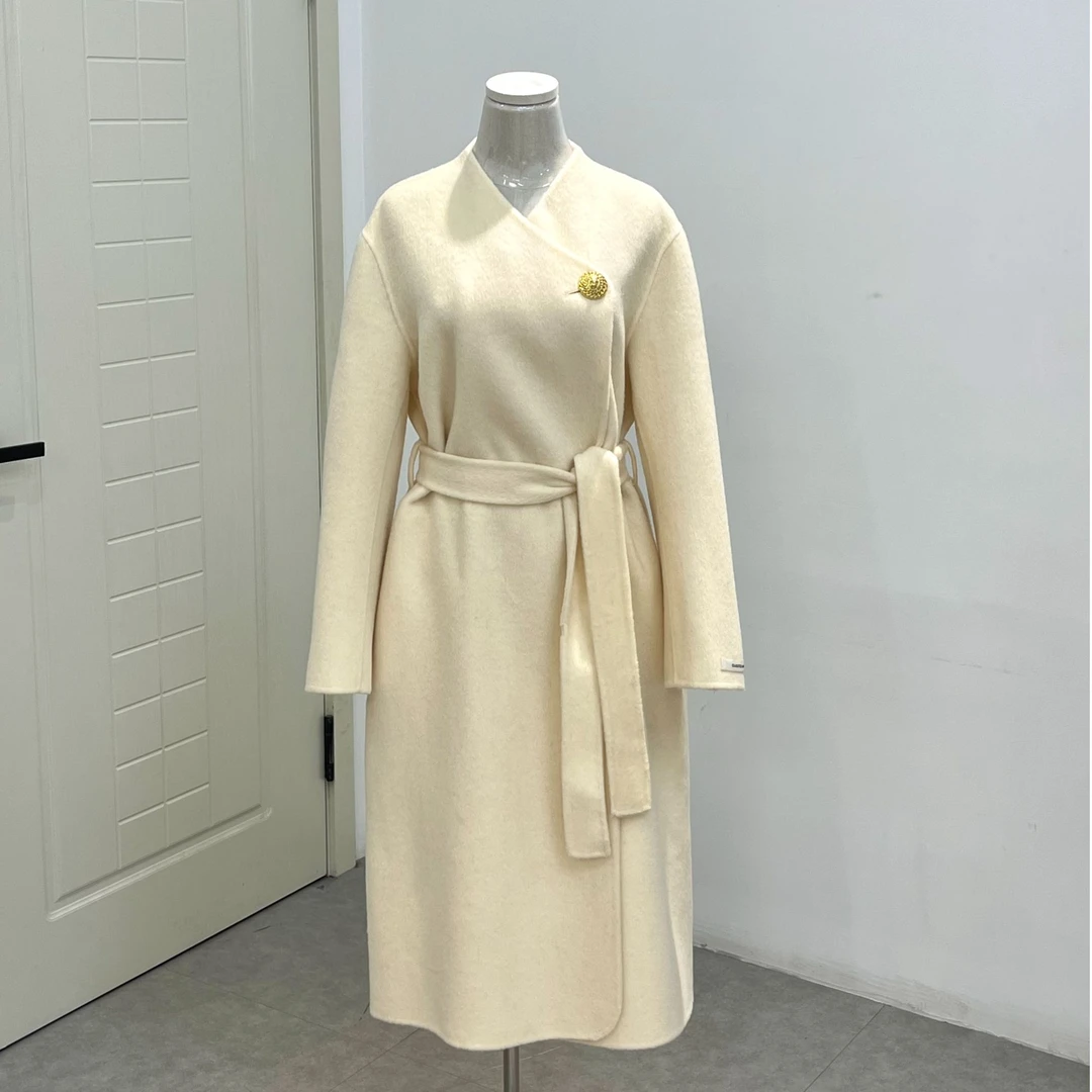 春季新款2025年气质通勤款羊毛大衣修身一粒扣系带中长款外套0505