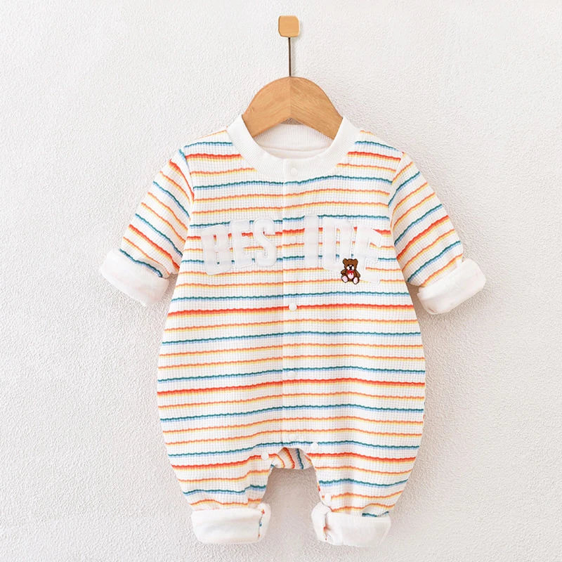 新生儿连体衣双层长袖春秋季爬服婴儿衣服外穿可爱宝宝睡衣秋装