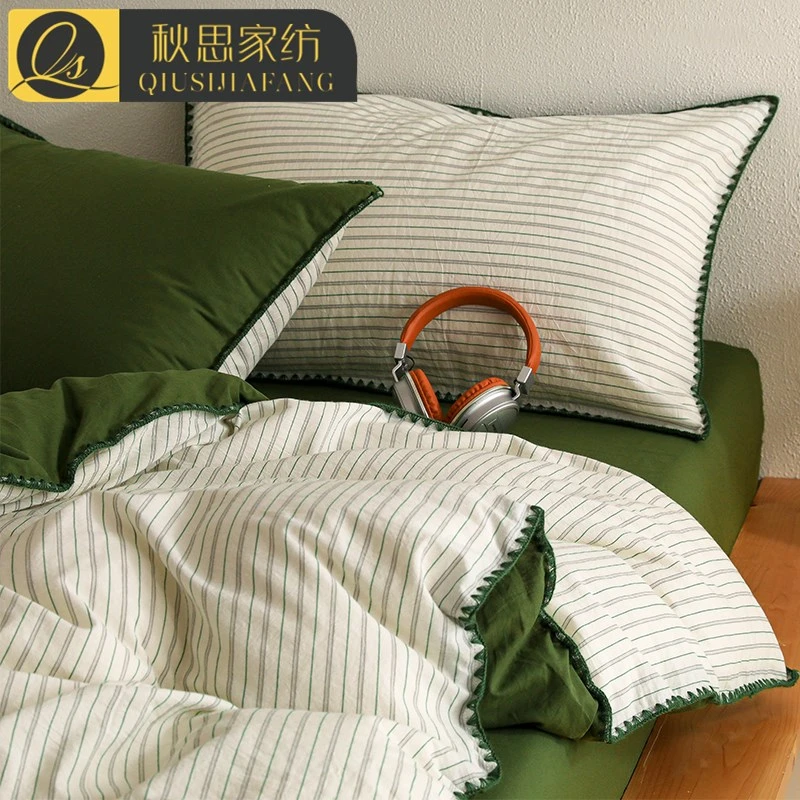 北欧简约全棉水洗棉床上四件套纯棉条纹被套床单床笠款床品三件套