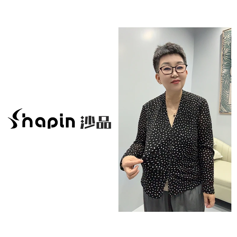 气质款印花弹力网纱V领小衫波点碎花通勤T恤女ST601