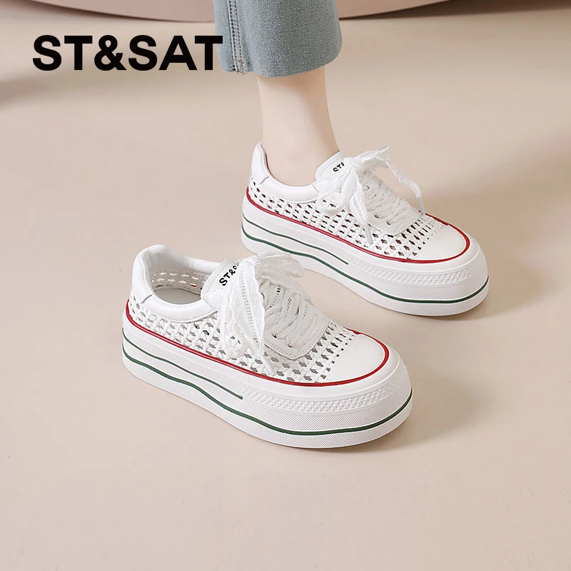 星期六网红小白鞋女鞋2025新款夏季洞洞板鞋编织透气休闲镂空凉鞋