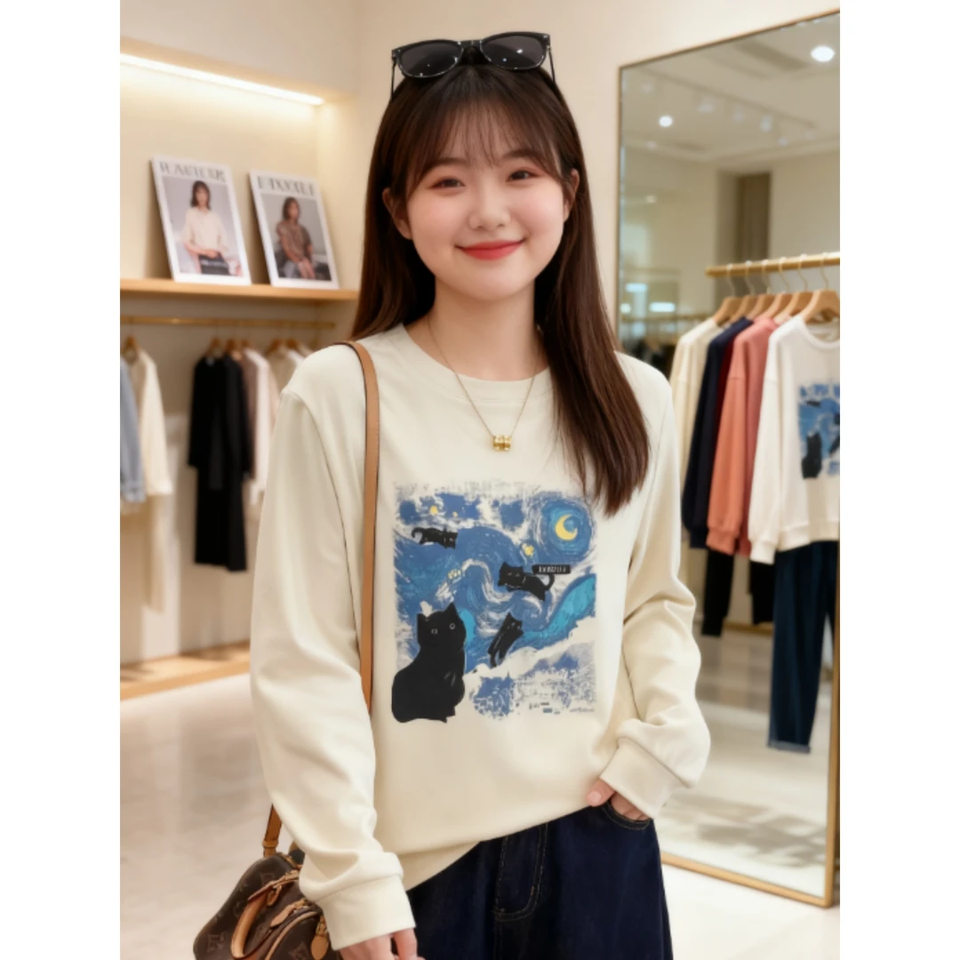 大码女装 胸106-130双面德绒印花打底衫T恤1020#