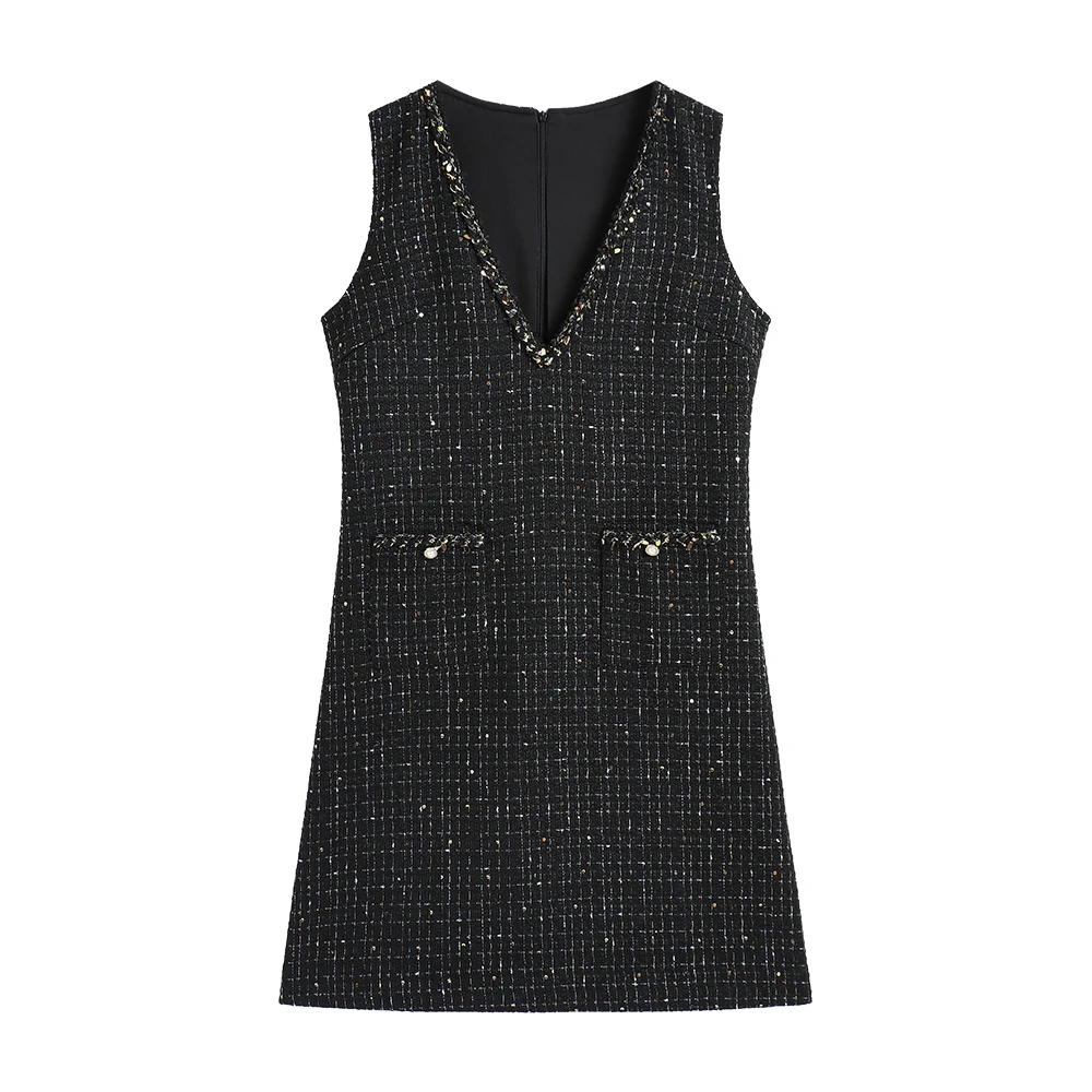 【南油虹姐 】秋季新款显瘦小香风复古V领无袖马甲连衣裙