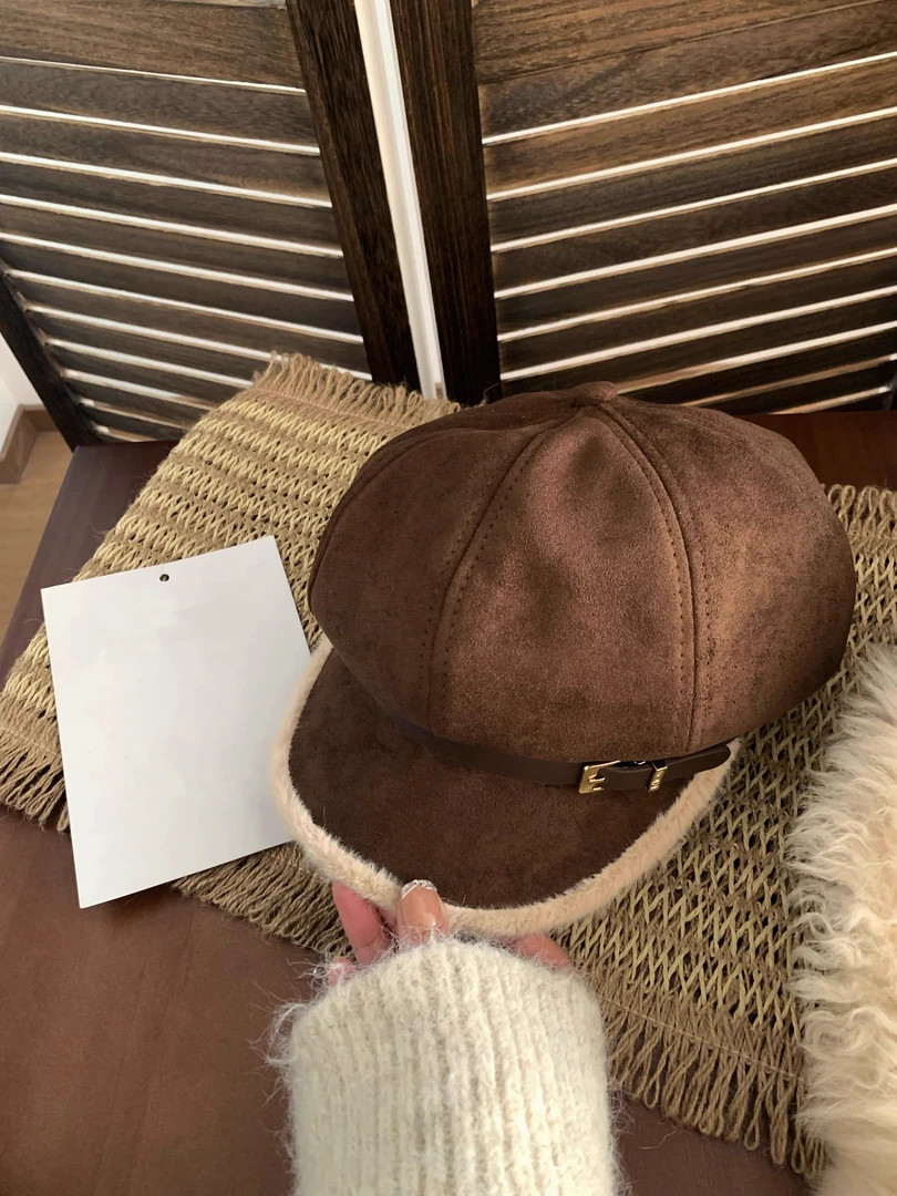 噜噜啦噜 麂皮绒八角帽女冬显脸小简约保暖画家帽夹棉毛绒报童帽