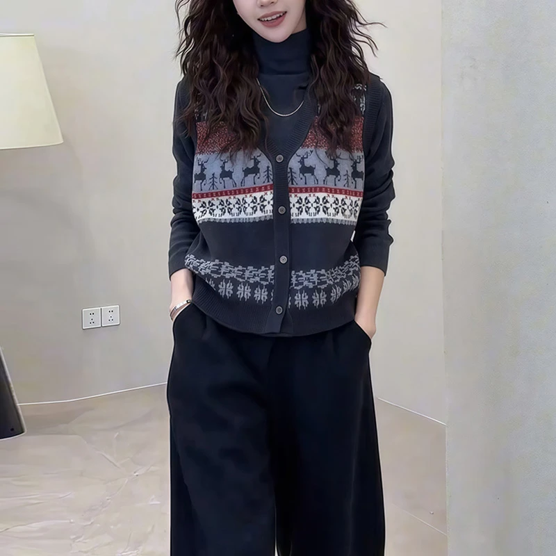 韩系减龄高级感时尚套装女复古小众提花针织马甲T恤小衫两件套潮