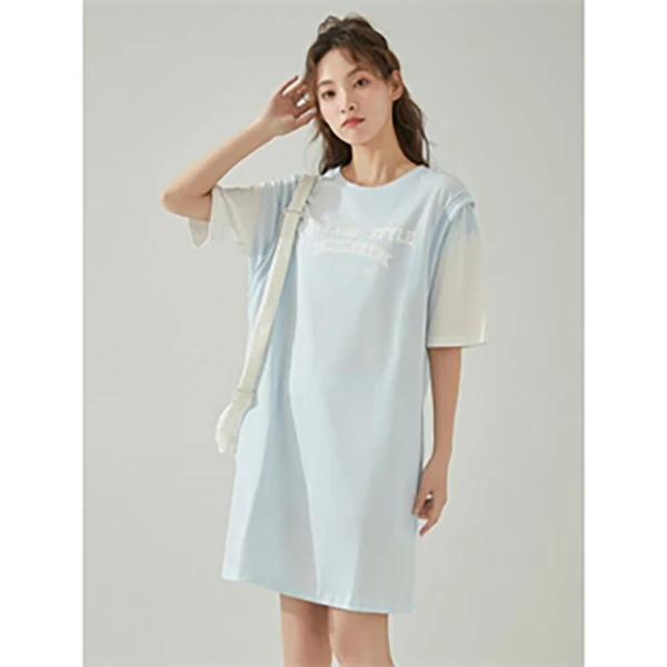 唐狮夏季短袖中长款假两件撞色连衣裙928223104711