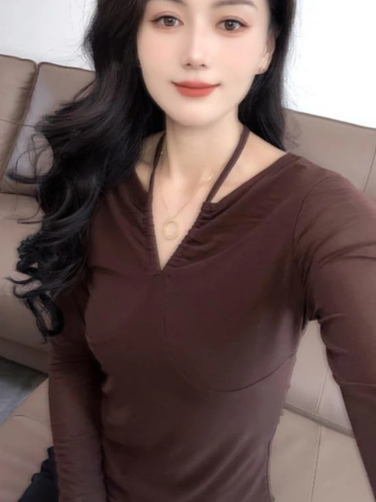 挂脖吊带V领时尚长袖T恤女装2025秋季新款修身洋气通勤打底衫上衣