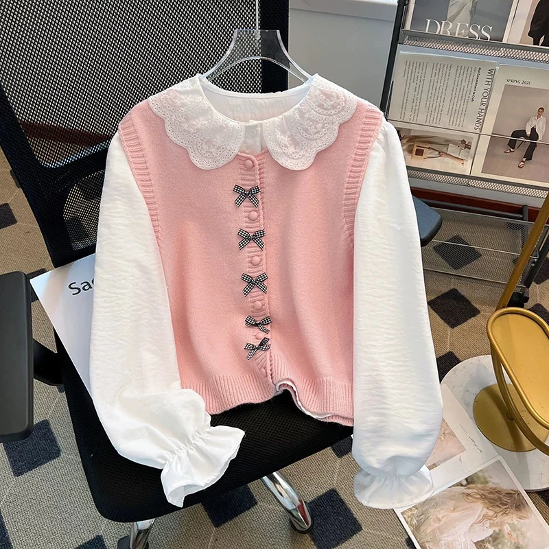 蝴蝶结装饰针织马甲+娃娃领白衬衫套装女2025春季新款甜美两件套