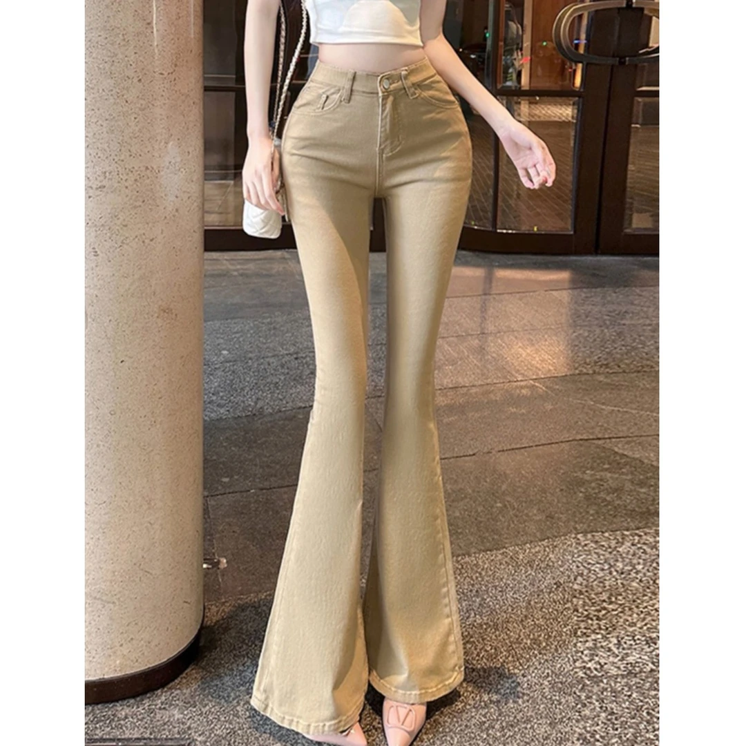 高个子加长卡其色丰胯提臀高腰牛仔裤女春季弹力显瘦微喇叭拖地裤