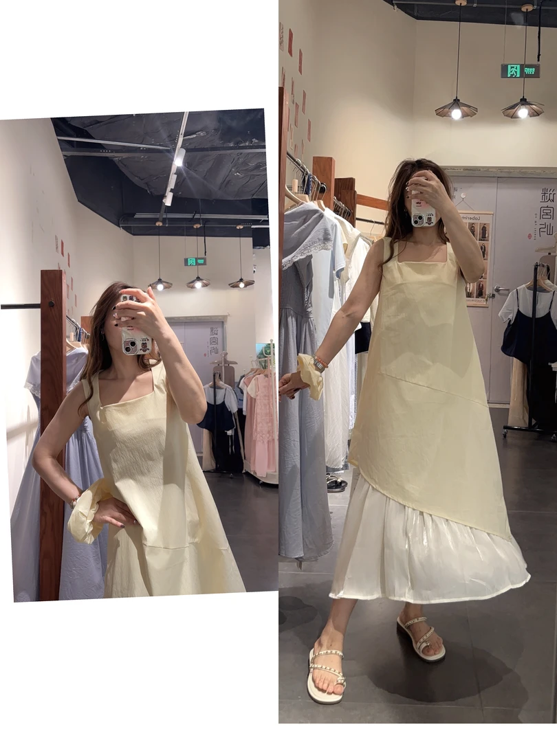 拼纱背心裙鹅黄百搭时尚